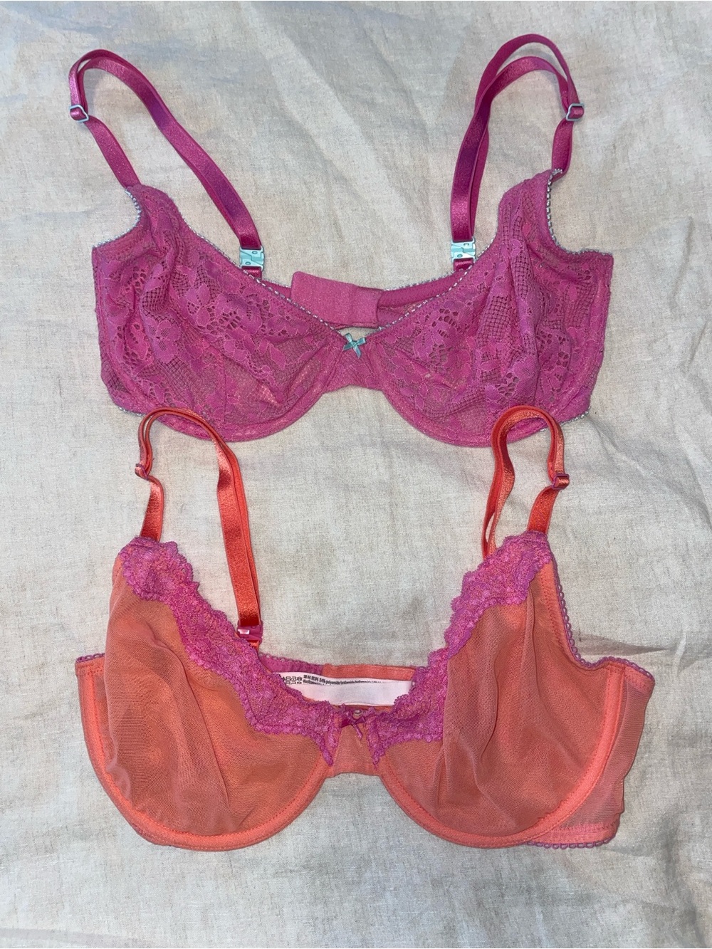 Victoria's Secret Pink Lace & Coral Mesh Bra Set 34DD